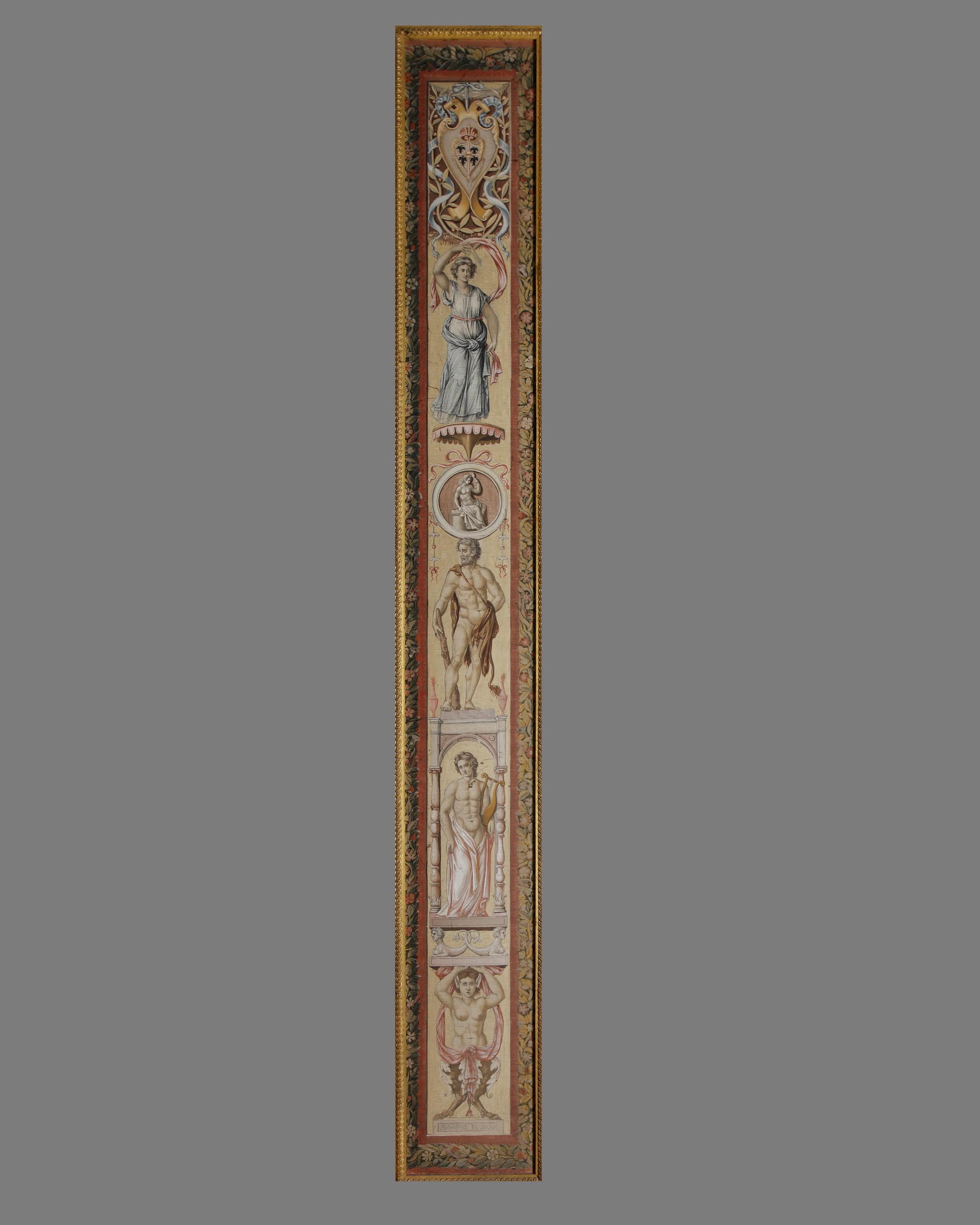 Lesena con figure pagane, tra cui Ercole e Apollo (dipinto, elemento d'insieme) di Campi Felice (sec. XVIII)