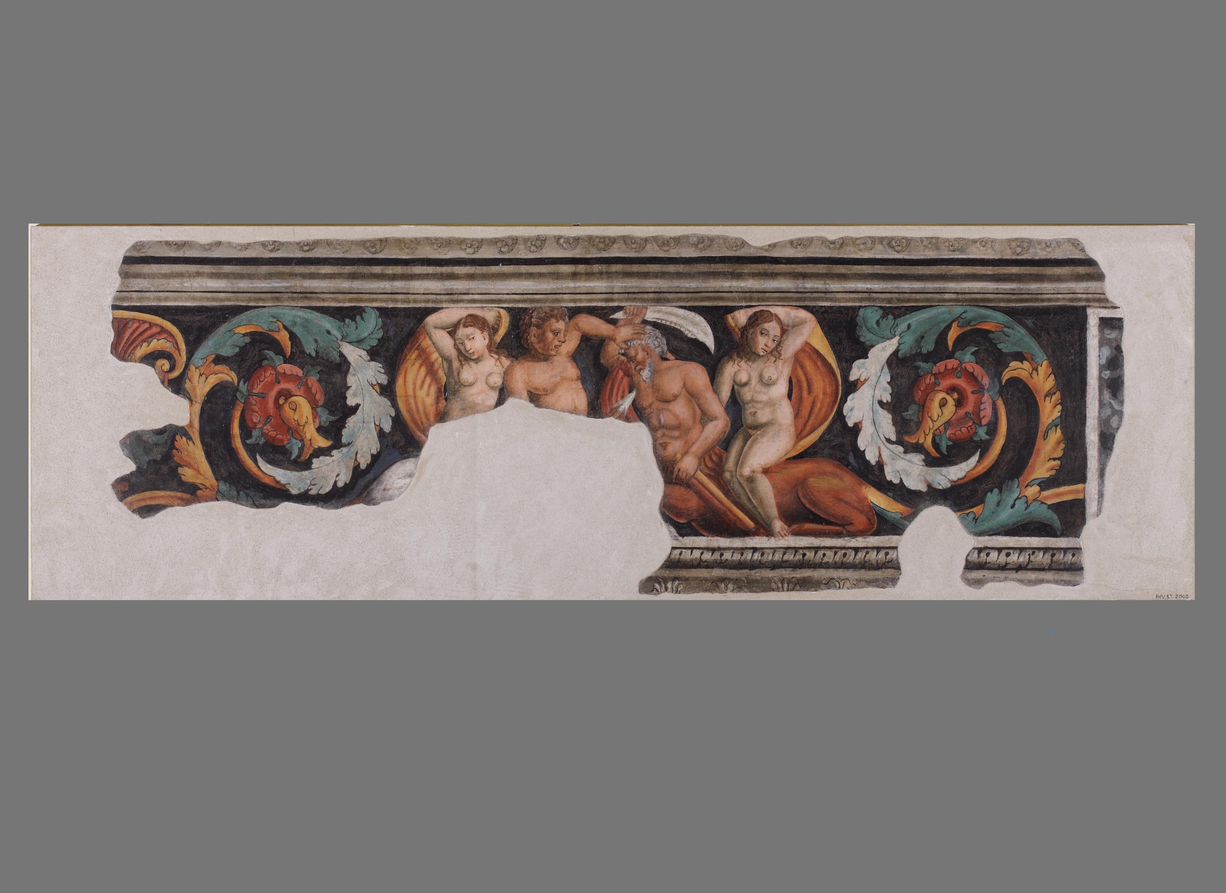 Fregio ornamentale con girali e zuffa degli dei marini (decorazione pittorica, frammento) - ambito mantovano (sec. XVI)