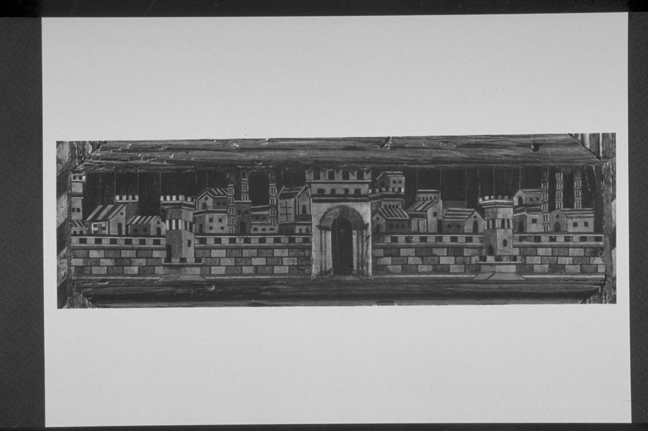 veduta di città (decorazione a intarsio, elemento d'insieme) - bottega Italia centrale (seconda metà sec. XV)