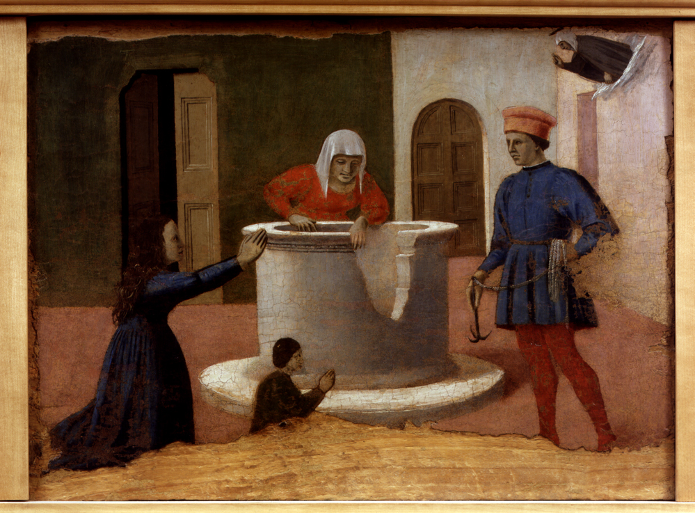 Sant'Elisabetta d'Ungheria resucita un bambino caduto in un pozzo (scomparto di predella, elemento d'insieme) di Piero della Francesca (terzo quarto sec. XV)
