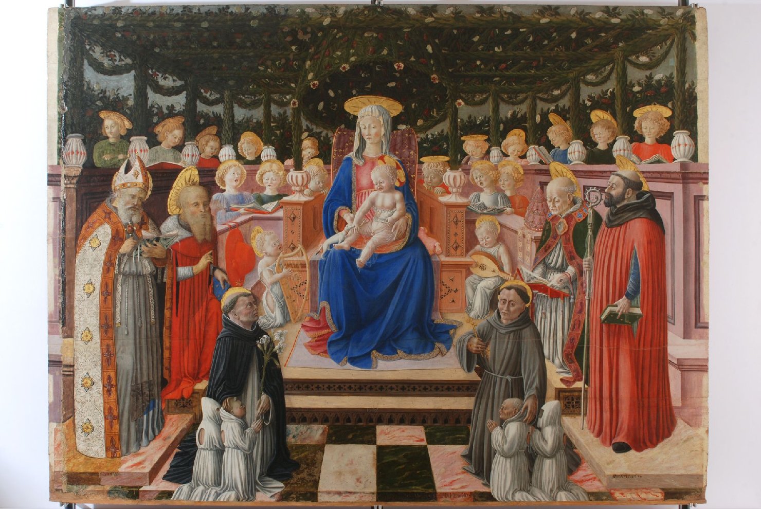 Madonna del Pergolato, Madonna con Bambino tra angeli e Santi (dipinto, opera isolata) di Boccati Giovanni (prima metà sec. XV)
