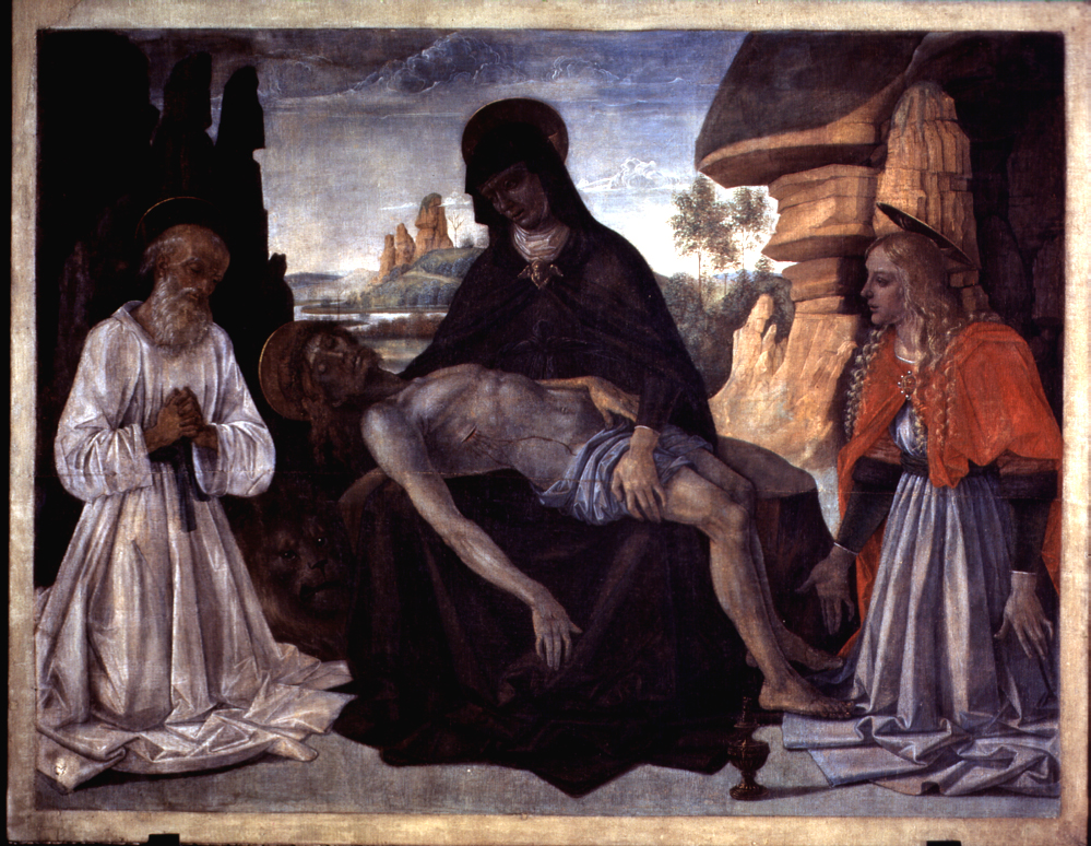 Cristo in pietà tra la Madonna, San Girolamo e la Maddalena (stendardo processionale, opera isolata) di Vannucci Pietro detto il Perugino (attribuito) (seconda metà sec. XV)