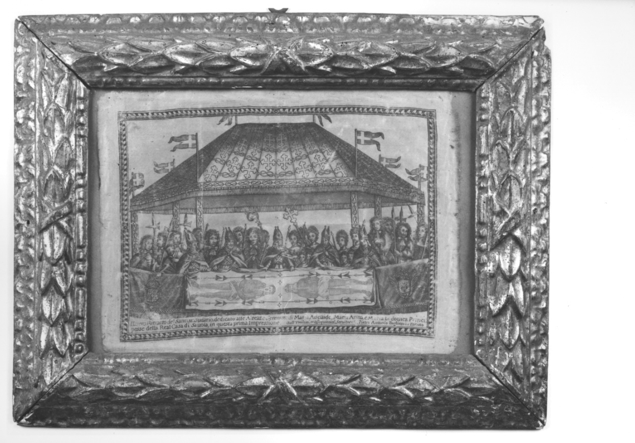 ostensione della Sacra Sindone con Vittorio Amedeo II di Savoia e Anna d'Orléans (stampa) di Boglietto Pietro Antonio (ultimo quarto sec. XVII)