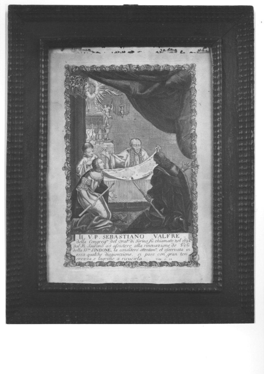 beato Sebastiano Valfrè rammenda la Sacra Sindone (stampa, serie) di Blanchery Vittorio, Stagnon Giacomo (terzo quarto sec. XVIII)