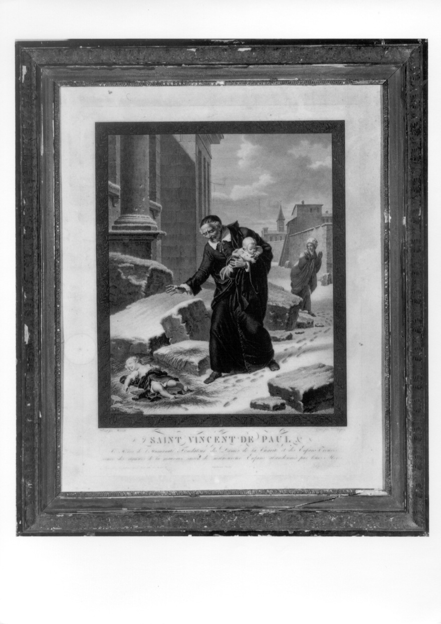 San Vincenzo de' Paoli salva due bambini abbandonati nella neve (stampa) di Monsiau Nicolas André, Baquoy Pierre Charles (seconda metà sec. XVIII)