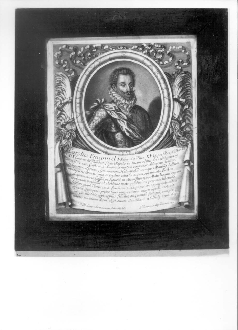 ritratto a mezzo busto di Carlo Emanuele I di Savoia (stampa, elemento d'insieme) di De Lange François, Tasnière Georges (inizio sec. XVIII)