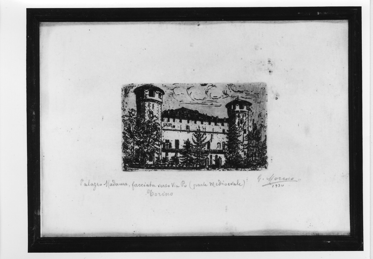 veduta di palazzo Madama di Torino (stampa, elemento d'insieme) di Moreno Giuseppe (secondo quarto sec. XX)