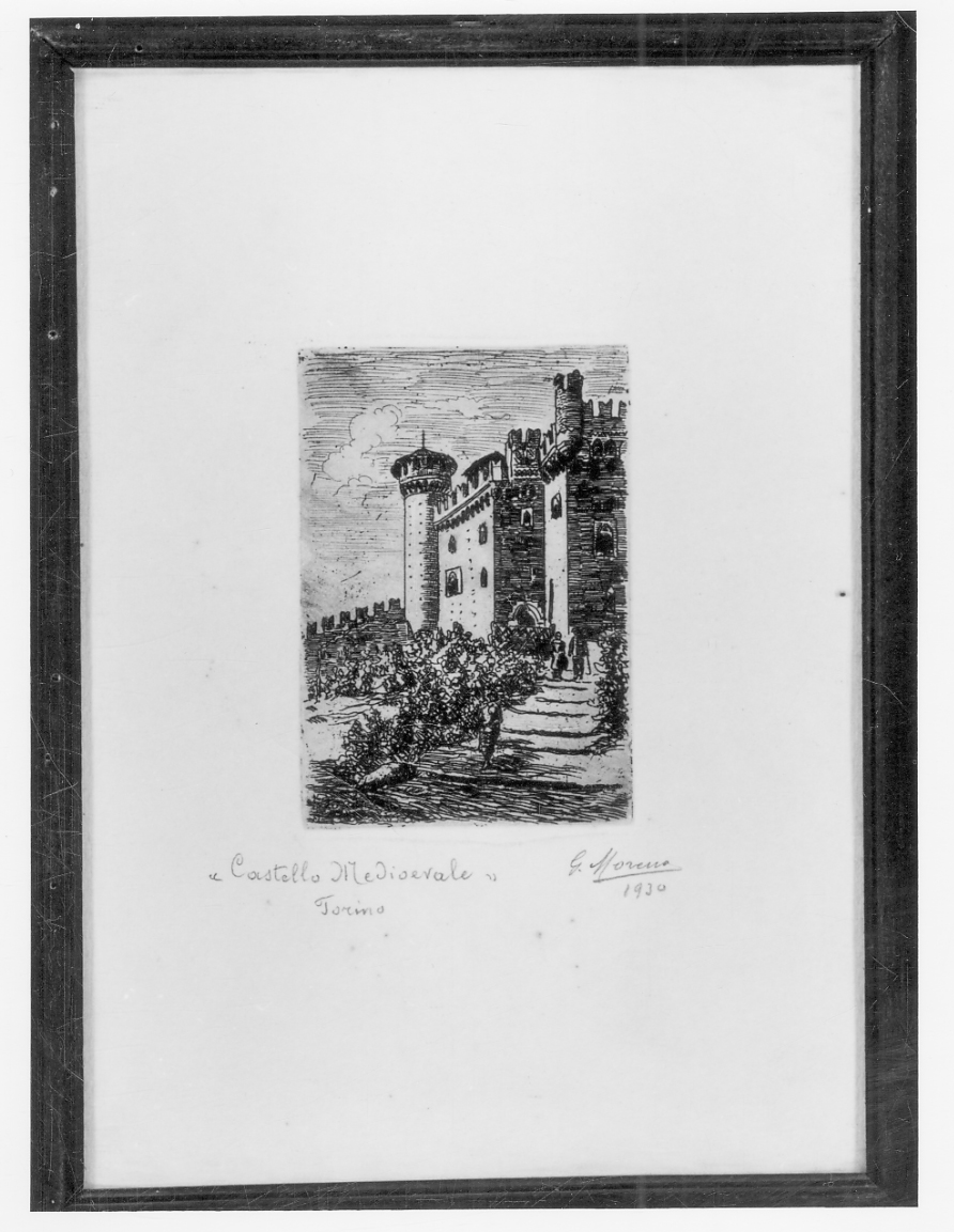 veduta del Borgo Medievale del Valentino di Torino (stampa, elemento d'insieme) di Moreno Giuseppe (secondo quarto sec. XX)