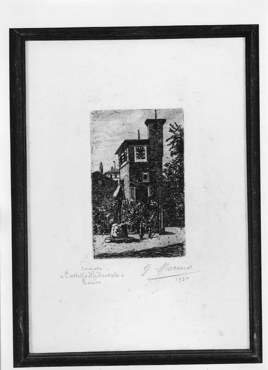 veduta del Borgo Medievale del Valentino di Torino (stampa, elemento d'insieme) di Moreno Giuseppe (secondo quarto sec. XX)