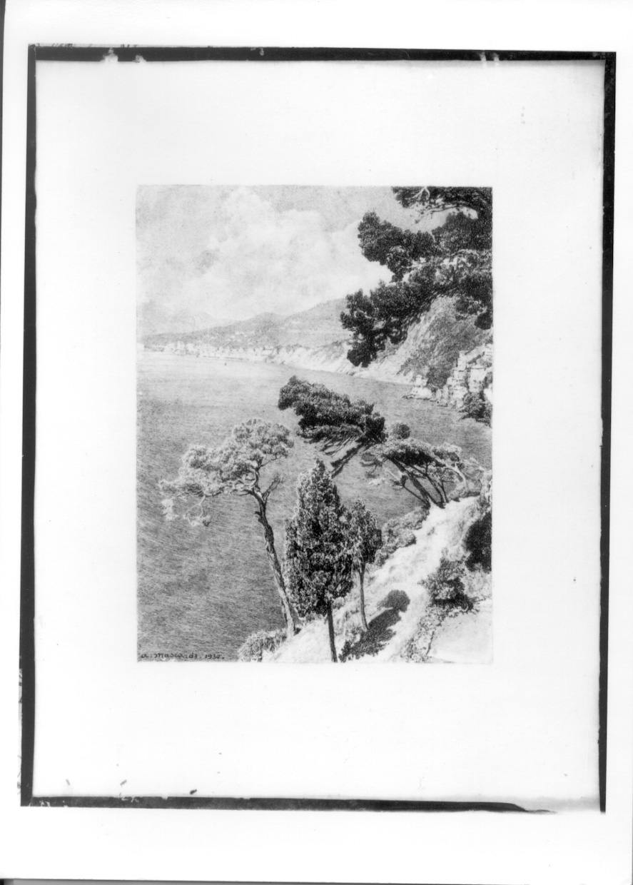 paesaggio marino (stampa tagliata) di Mascardi Angelo (secondo quarto sec. XX)