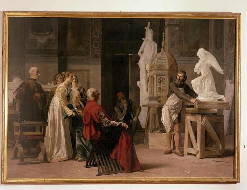 Matteo Civitali che mostra varie sue opere ad alcuni nobili visitatori d'ambo i sessi, Studio d'artista del Rinascimento (dipinto) di Marcucci Michele (sec. XIX)