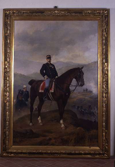 Umberto I alle manovre, Umberto I di Savoia a cavallo (dipinto) di Norfini Luigi (sec. XIX)