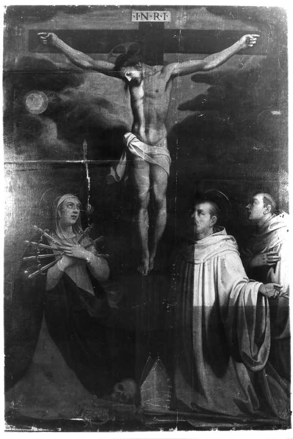 CRISTO CROCIFISSO CON LA MADONNA DEI DOLORI E SANTI OLIVETANI (dipinto, opera isolata) di Mannucci Gaspare (prima metà sec. XVII)