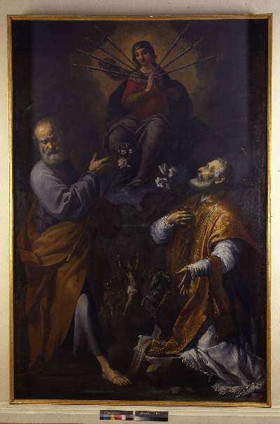 MADONNA DEI SETTE DOLORI CON SAN GIUSEPPE E SAN FILIPPO NERI (?) (dipinto) di Scaglia Girolamo (sec. XVII)