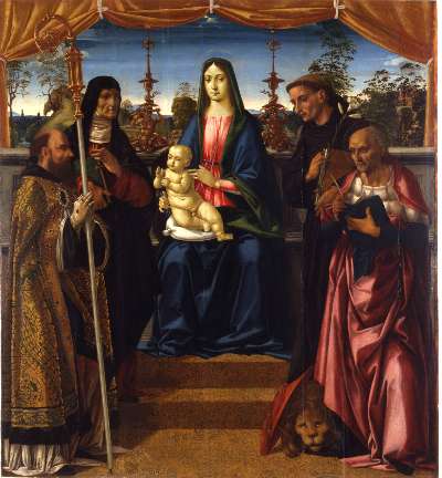 MADONNA CON BAMBINO TRA SANTI (dipinto) di Membrini Michelangelo di Pietro (attribuito) (inizio sec. XVI)