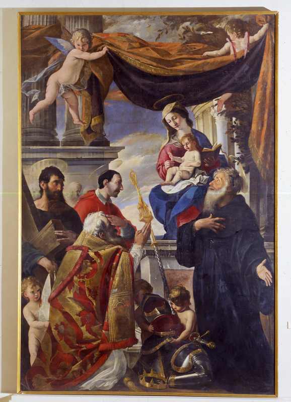 Madonna in trono con Bambino, Sant'Andrea, San Carlo Borromeo, San Paolino Borromeo, San Paolino, San Guglielmo d'Aquitania e angeli (dipinto, opera isolata) di Paolini Pietro (sec. XVII)