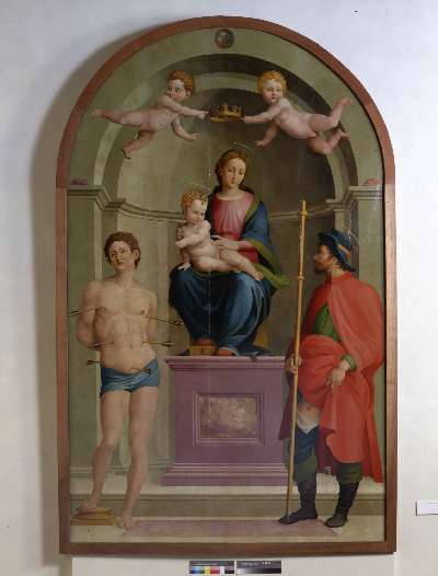 Madonna con Bambino in trono tra San Rocco e San Sebastiano (dipinto, opera isolata) di Ezechia da Vezzano detto Zacchia il Vecchio (secondo quarto sec. XVI)