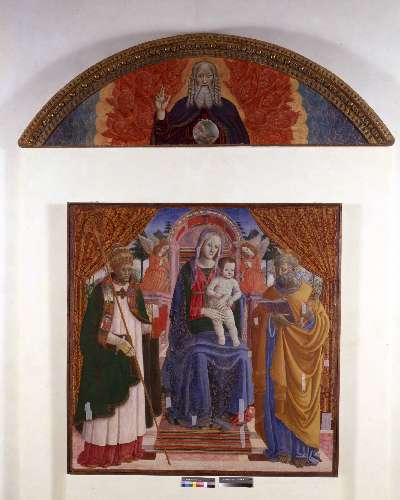 MADONNA CON BAMBINO FRA ANGELI E SANTI (dipinto, opera isolata) di Bernardino del Castelletto (sec. XV)