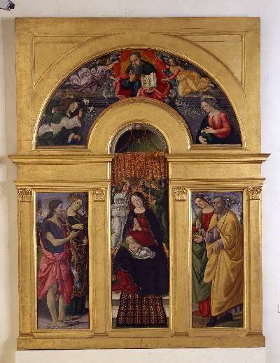 MADONNA CON BAMBINO TRA ANGELI E SANTI (trittico) di Ciampanti Ansano di Michele (attribuito) (fine/ inizio secc. XV/ XVI)