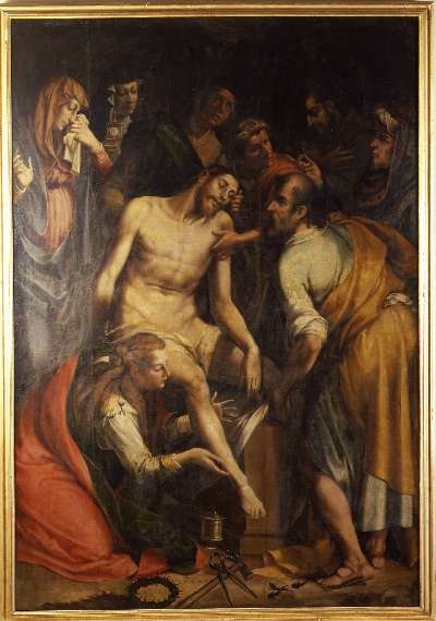 COMPIANTO SUL CRISTO MORTO (dipinto) di Lomi Aurelio (fine/ inizio secc. XVI/ XVII)