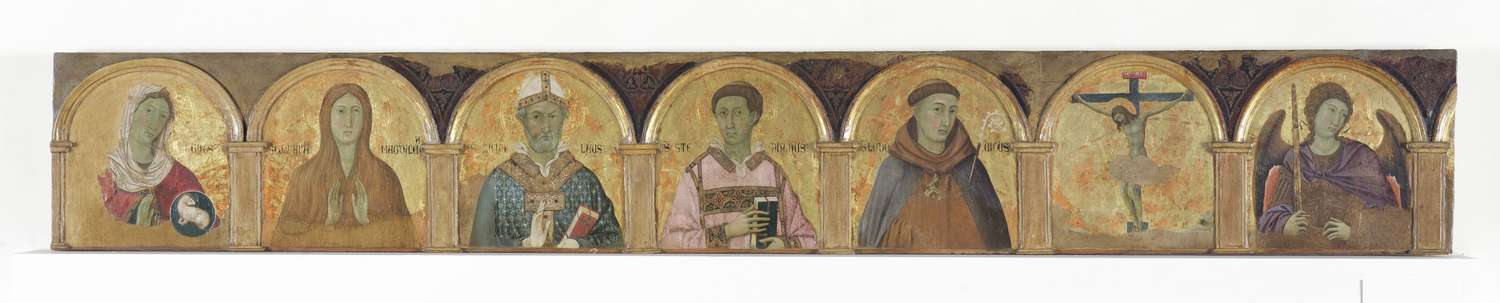 TEORIA DI SANTI E CRISTO CROCIFISSO (gradino d'altare) di Ugolino di Nerio (attribuito) (primo quarto sec. XIV)