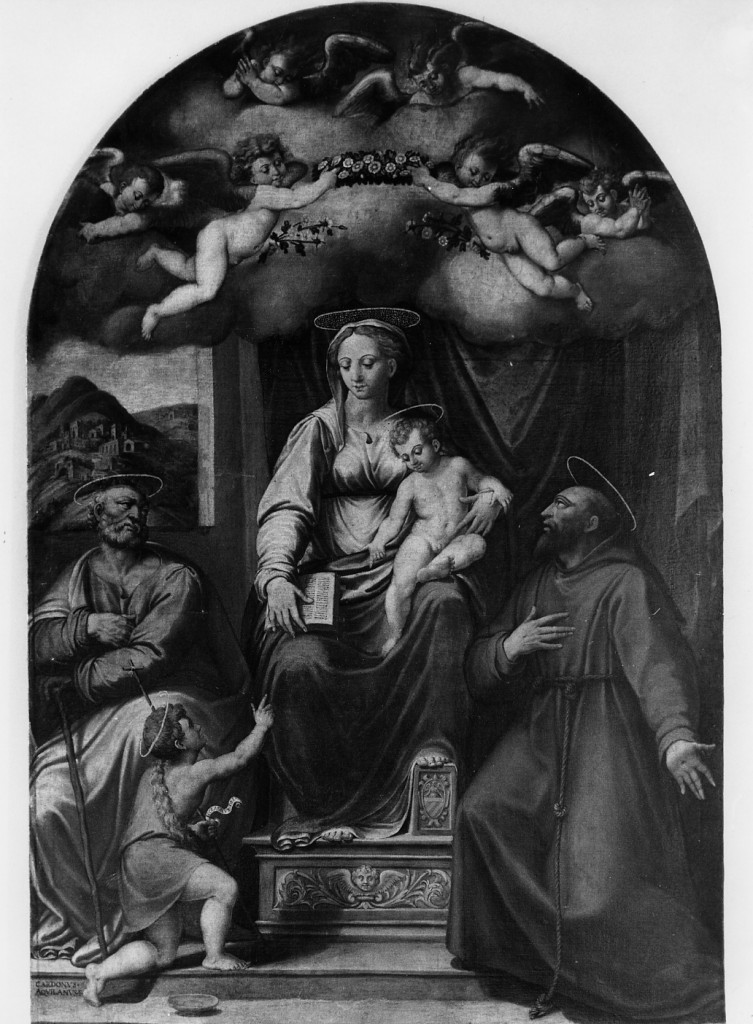 Madonna con Bambino in trono, San Giuseppe, San Francesco d'Assisi, San Gi ovannino (pala d'altare) di Cardone Paolo (seconda metà sec. XVI)