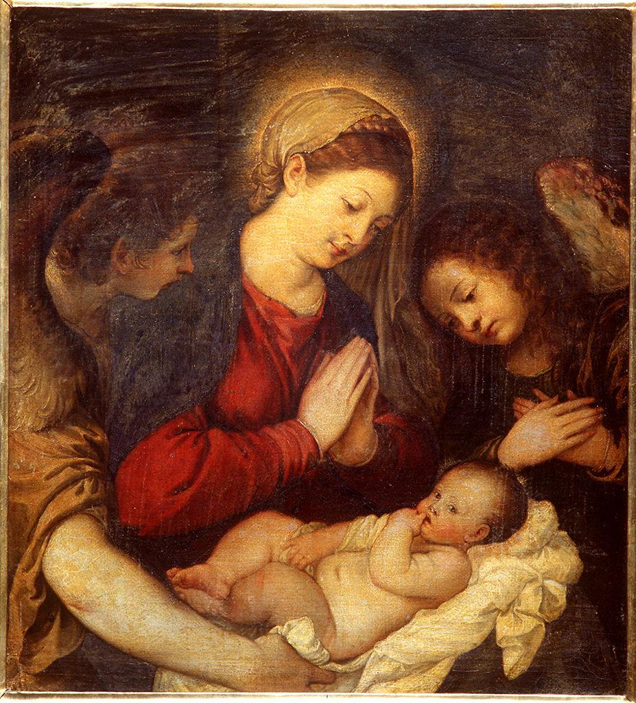 Madonna con Bambino e angeli (dipinto) di Vecellio Tiziano (bottega) (sec. XVI)