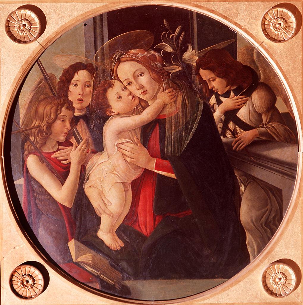 Madonna con Bambino, San Giovanni Battista bambino, San Michele Arcangelo e San Gabriele Arcangelo (dipinto) di Filipepi Alessandro detto Botticelli (bottega) (ultimo quarto sec. XV)