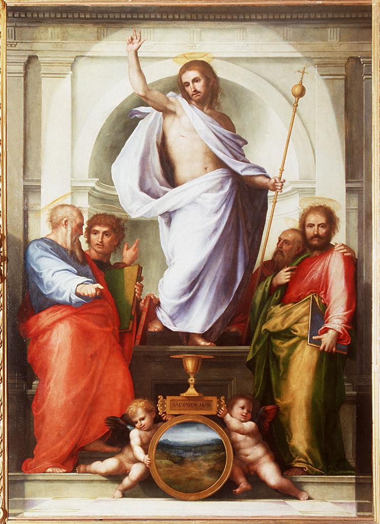 Salvator Mundi, Cristo risorto con gli evangelisti (dipinto) di Della Porta Bartolomeo detto Fra Bartolomeo (sec. XVI)