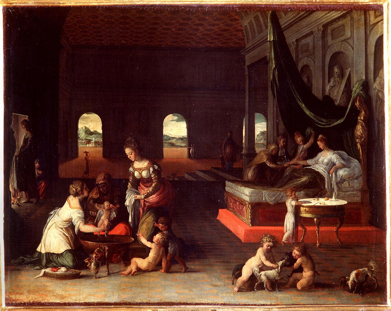 scena di nascita (dipinto) di Sustris Friedrich (terzo quarto sec. XVI)