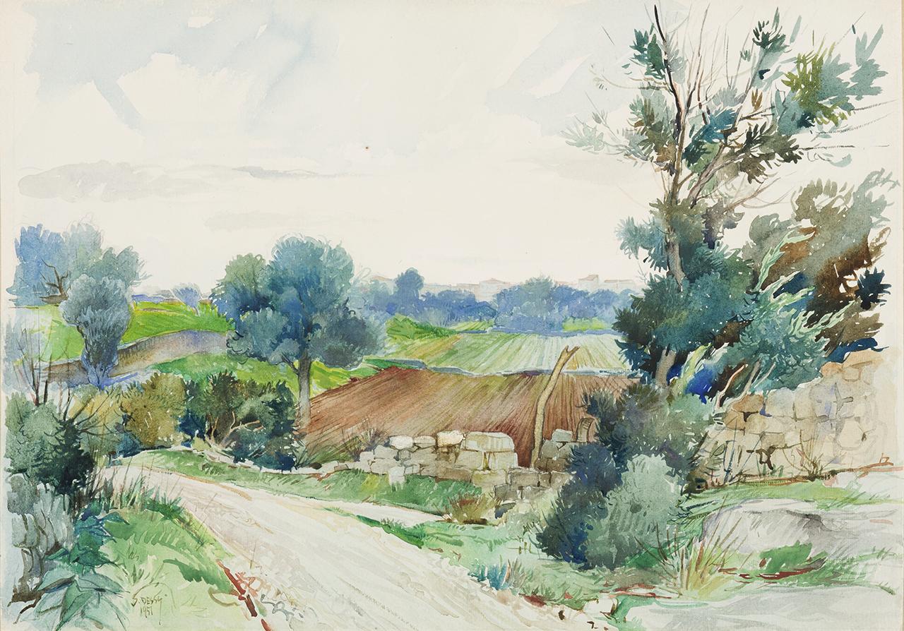 Strada campestre, paesaggio (disegno) di Stanis Dessy (sec. XX)