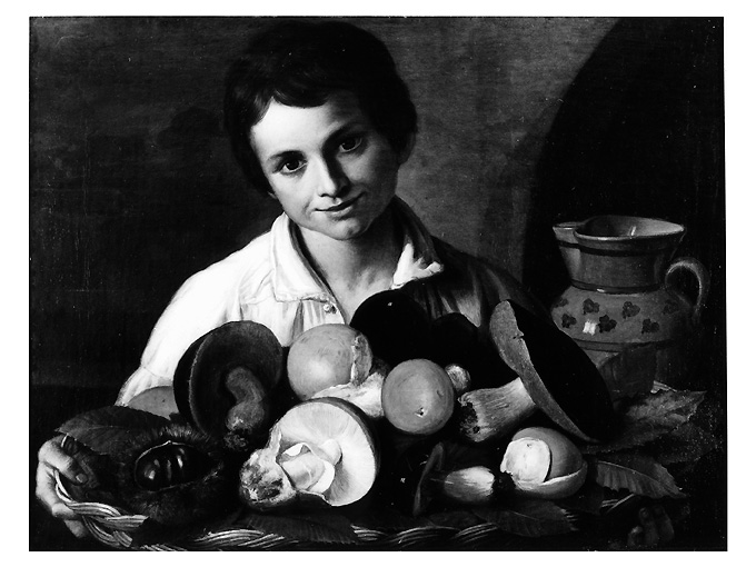 fanciullo con cesto di funghi e castagne (dipinto) di Melendez Luis (attribuito) (sec. XVIII)