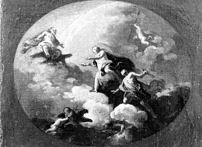 scena mitologica con Zeus, Artemide e Apollo (dipinto) di Carloni Carlo Innocenzo (metà sec. XVIII)