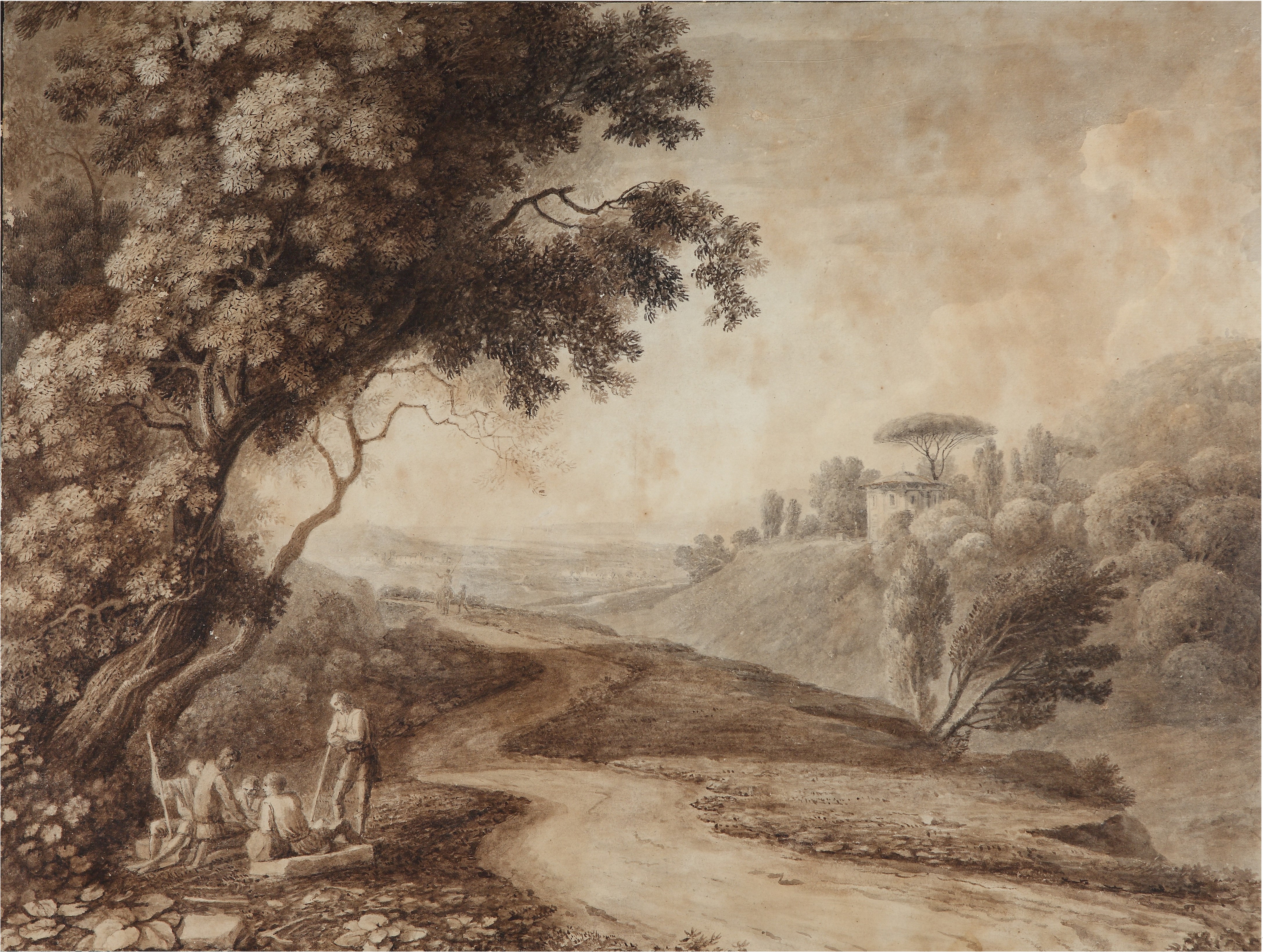 Paesaggio con sei figure e un cavaliere (disegno) di Francesco Da Capo (inizio sec. XIX)