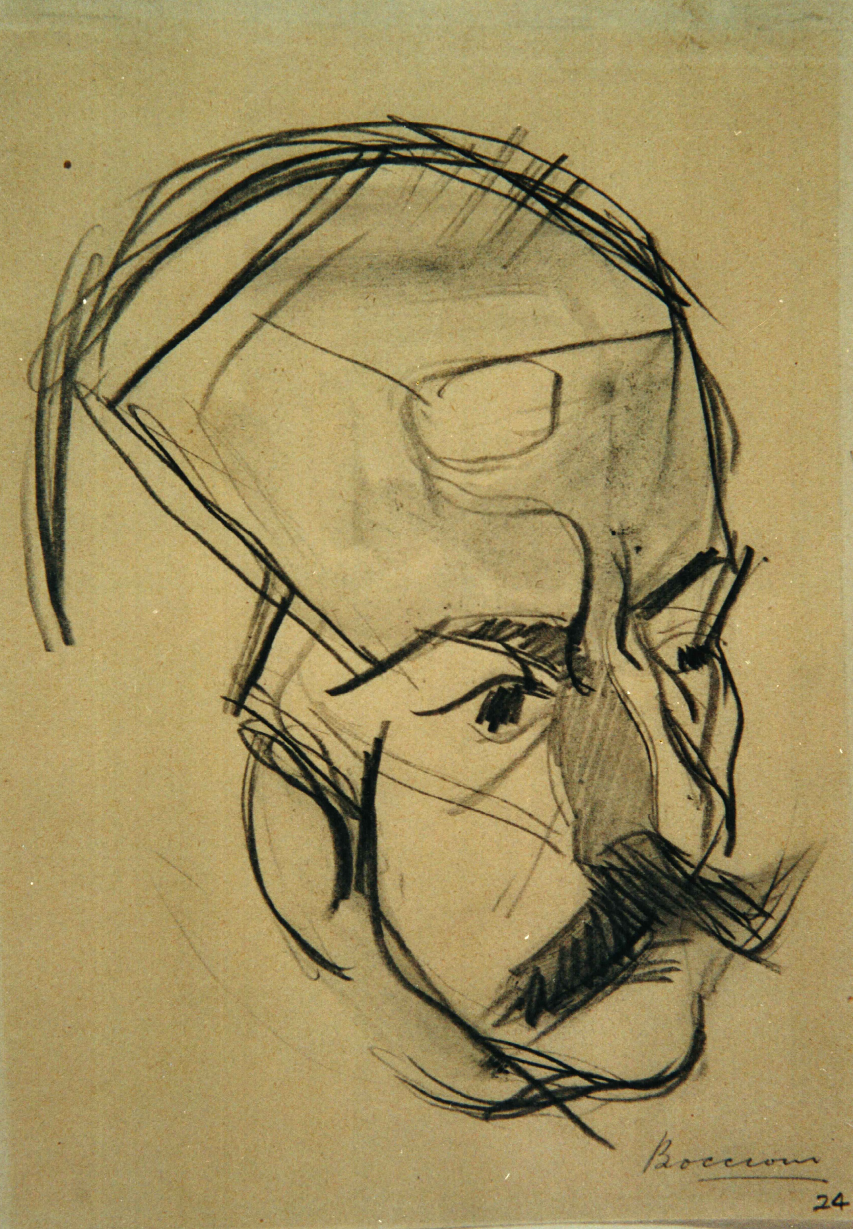 Studio di testa di uomo con baffi, ritratto di uomo (disegno, opera isolata) di Boccioni Umberto (primo quarto Sec. XX)