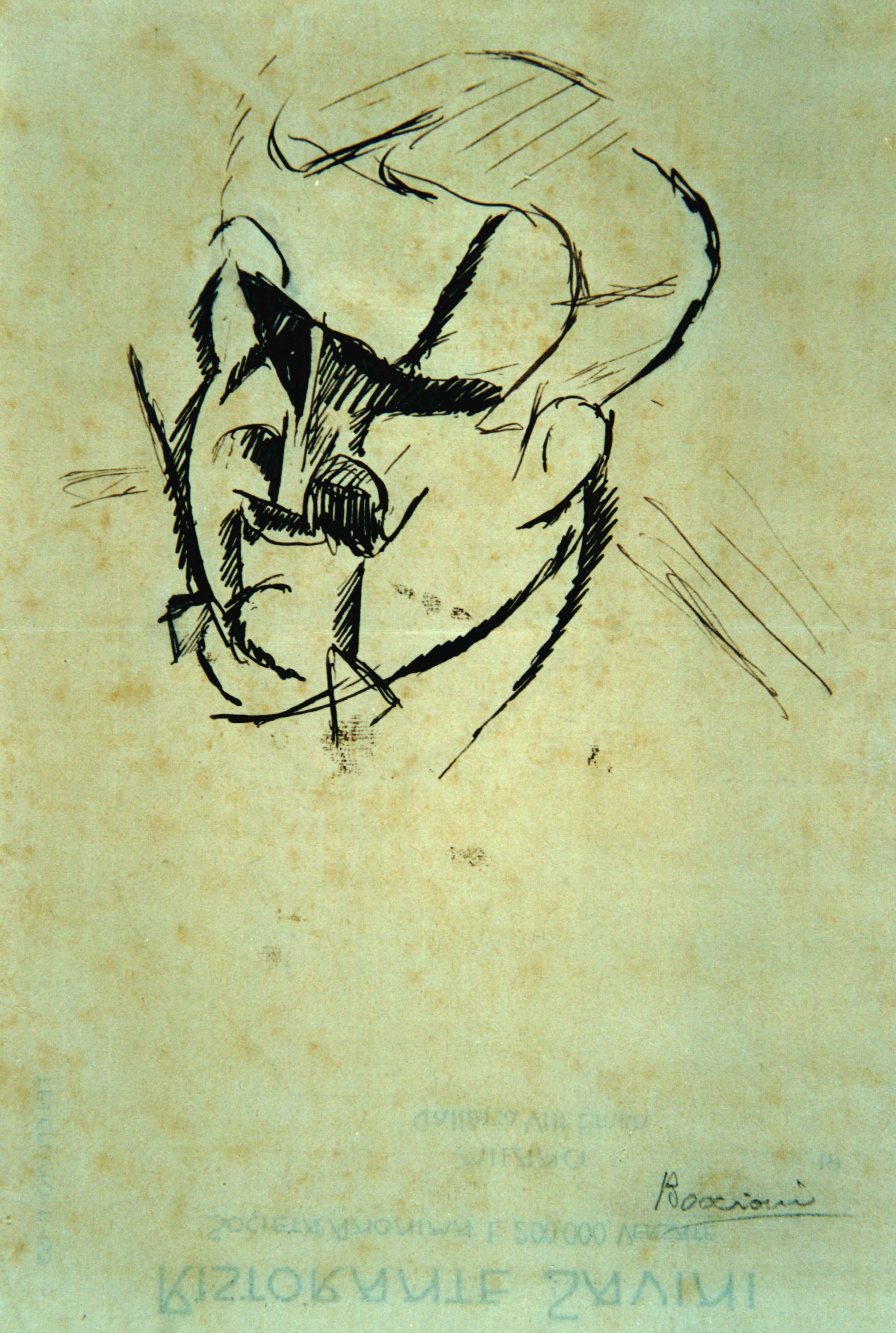 Testa di uomo con baffi, testa di uomo (disegno, opera isolata) di Boccioni Umberto (primo quarto Sec. XX)