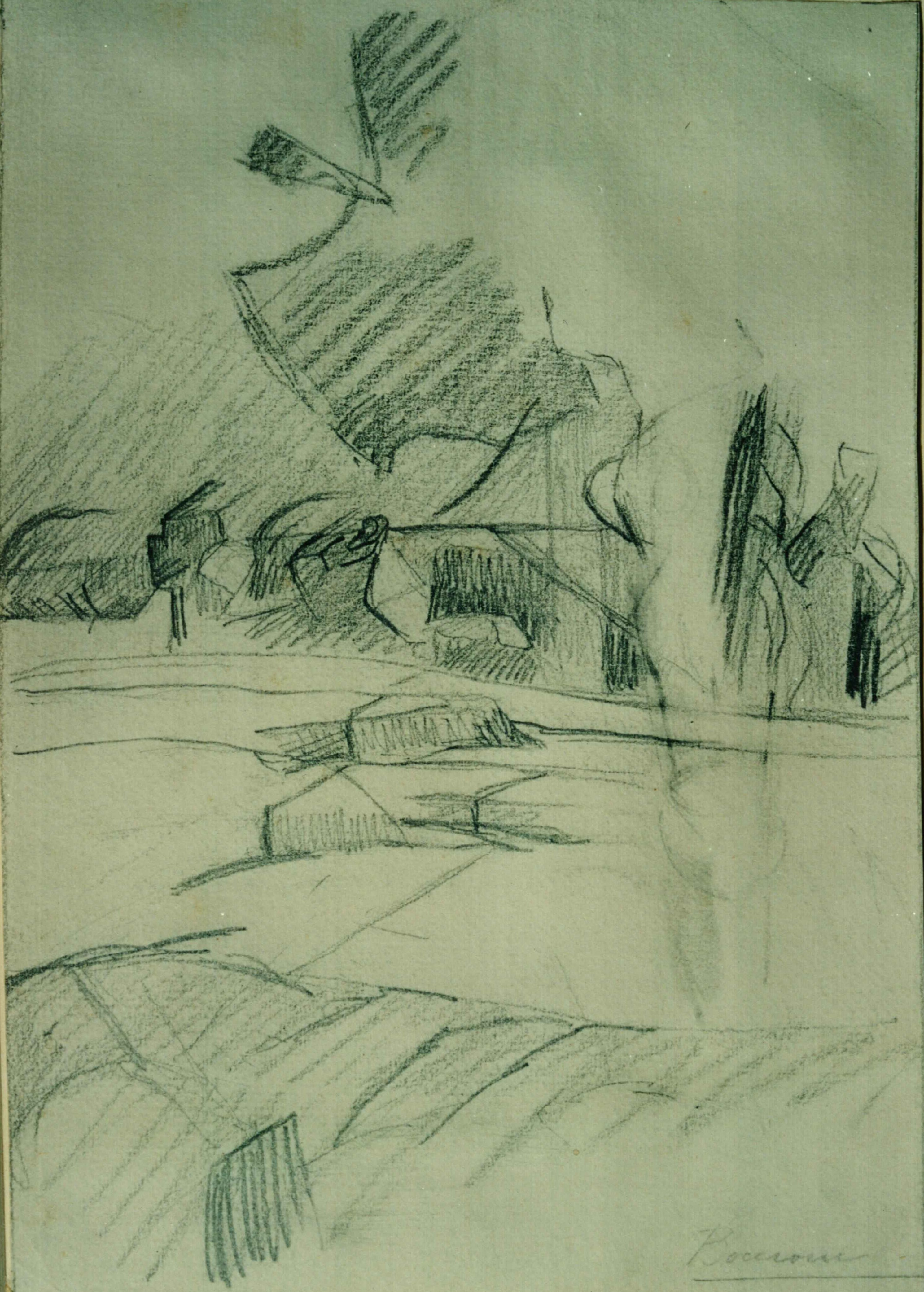 Paesaggio con case, paesaggio con architetture (disegno, opera isolata) di Boccioni Umberto (primo quarto Sec. XX)