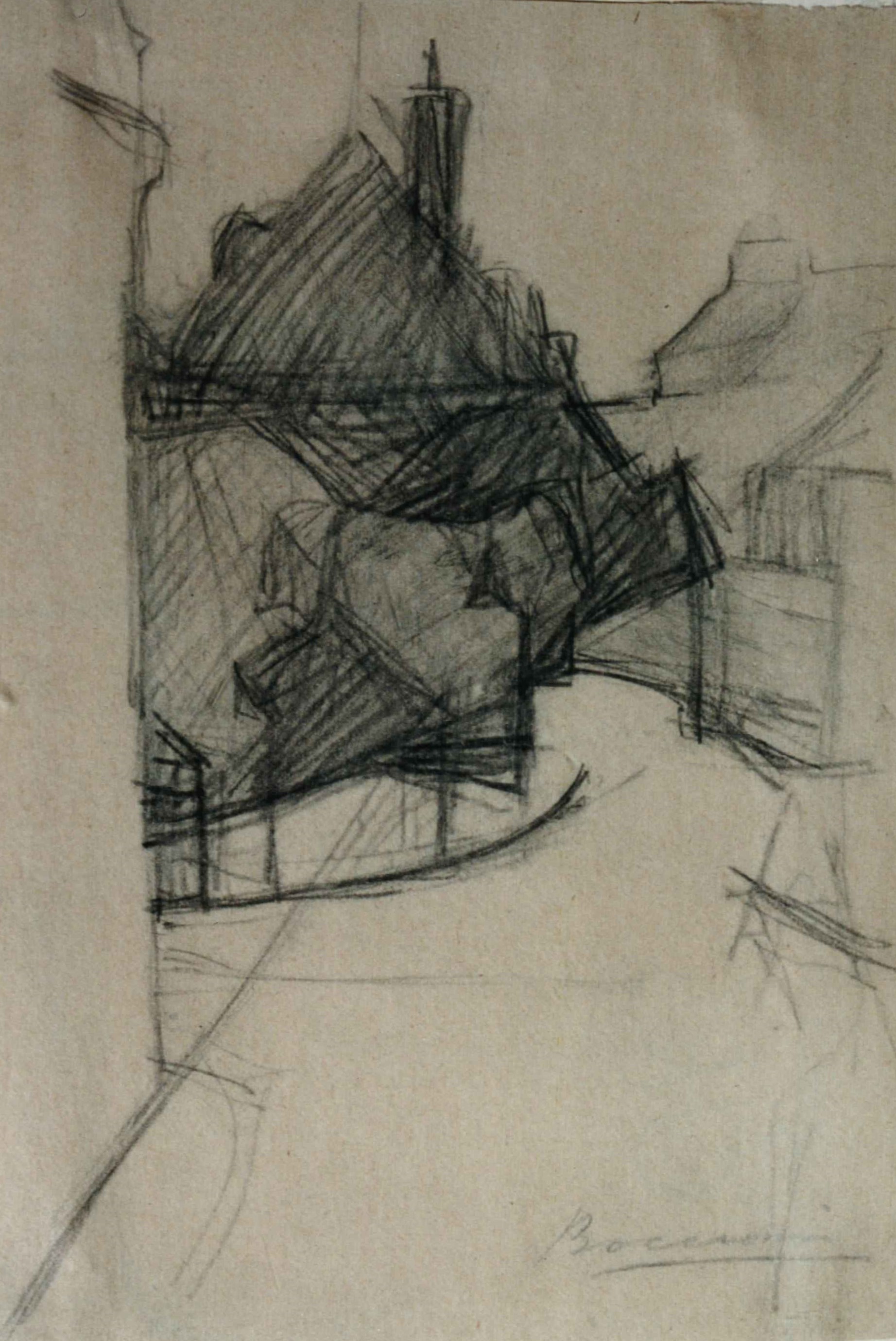 Strada con case, paesaggio con architetture (disegno, opera isolata) di Boccioni Umberto (primo quarto Sec. XX)
