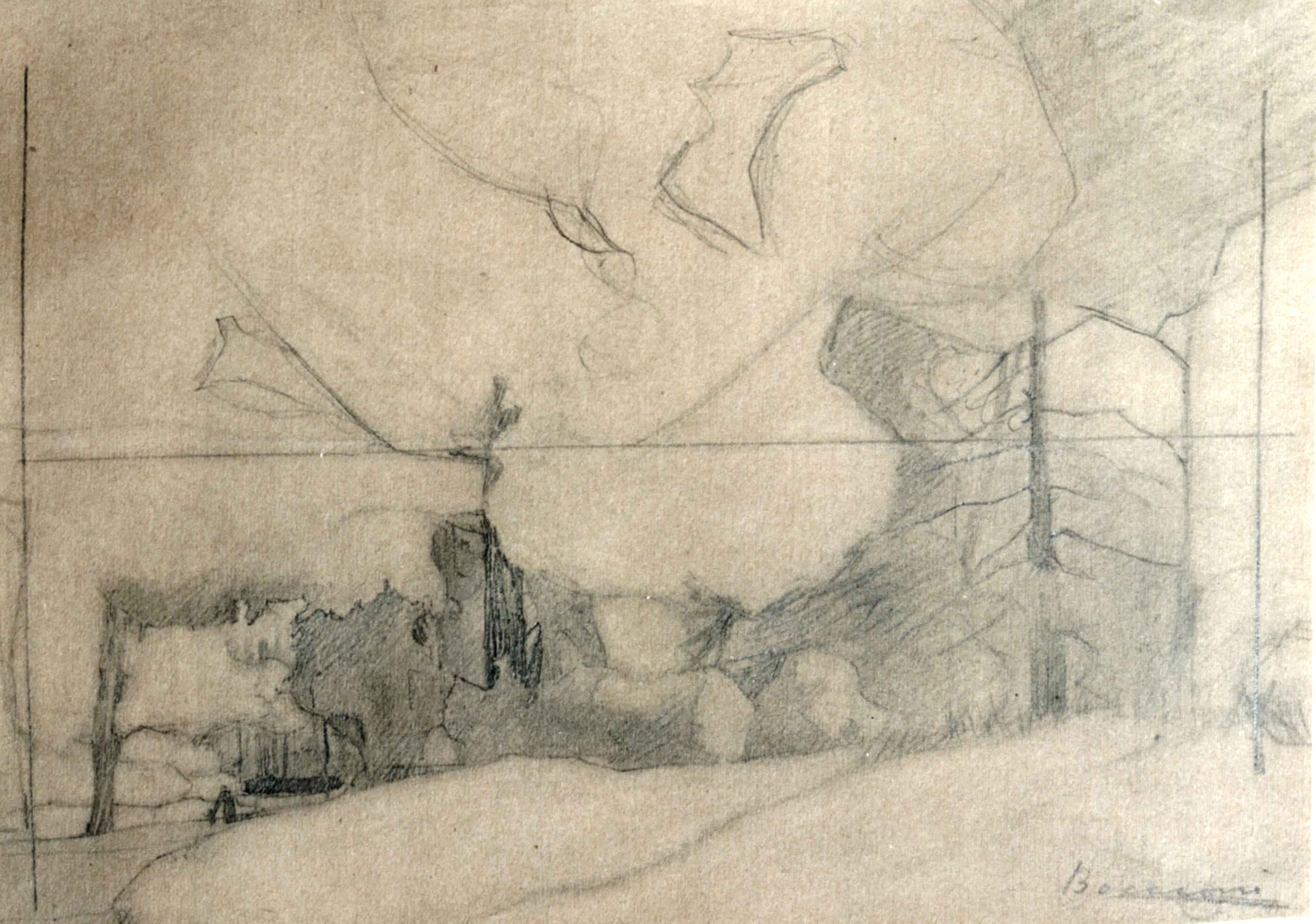 Paesaggio con albero senza foglie, Paesaggio con alberi (disegno, opera isolata) di Boccioni Umberto (inizio sec. XX)