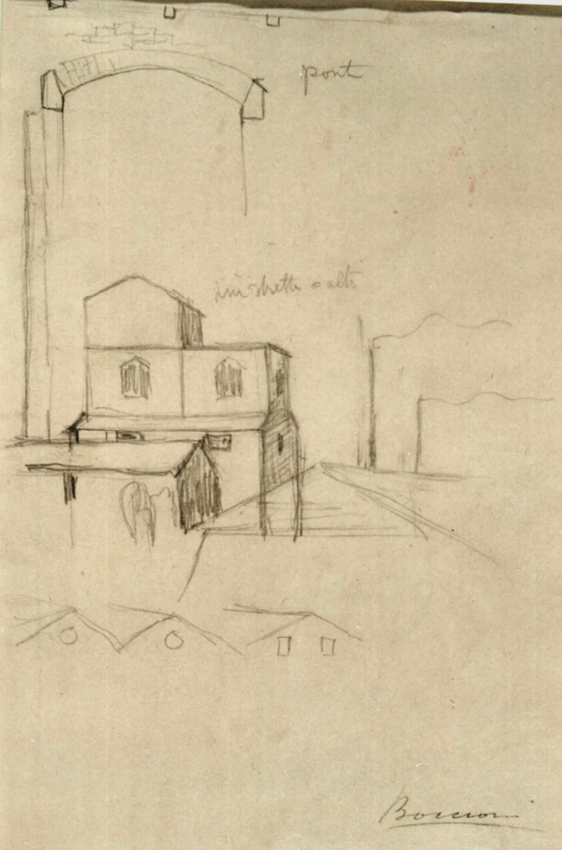 Studi con particolare di un ponte, paesaggio con architetture (disegno, opera isolata) di Boccioni Umberto (inizio sec. XX)