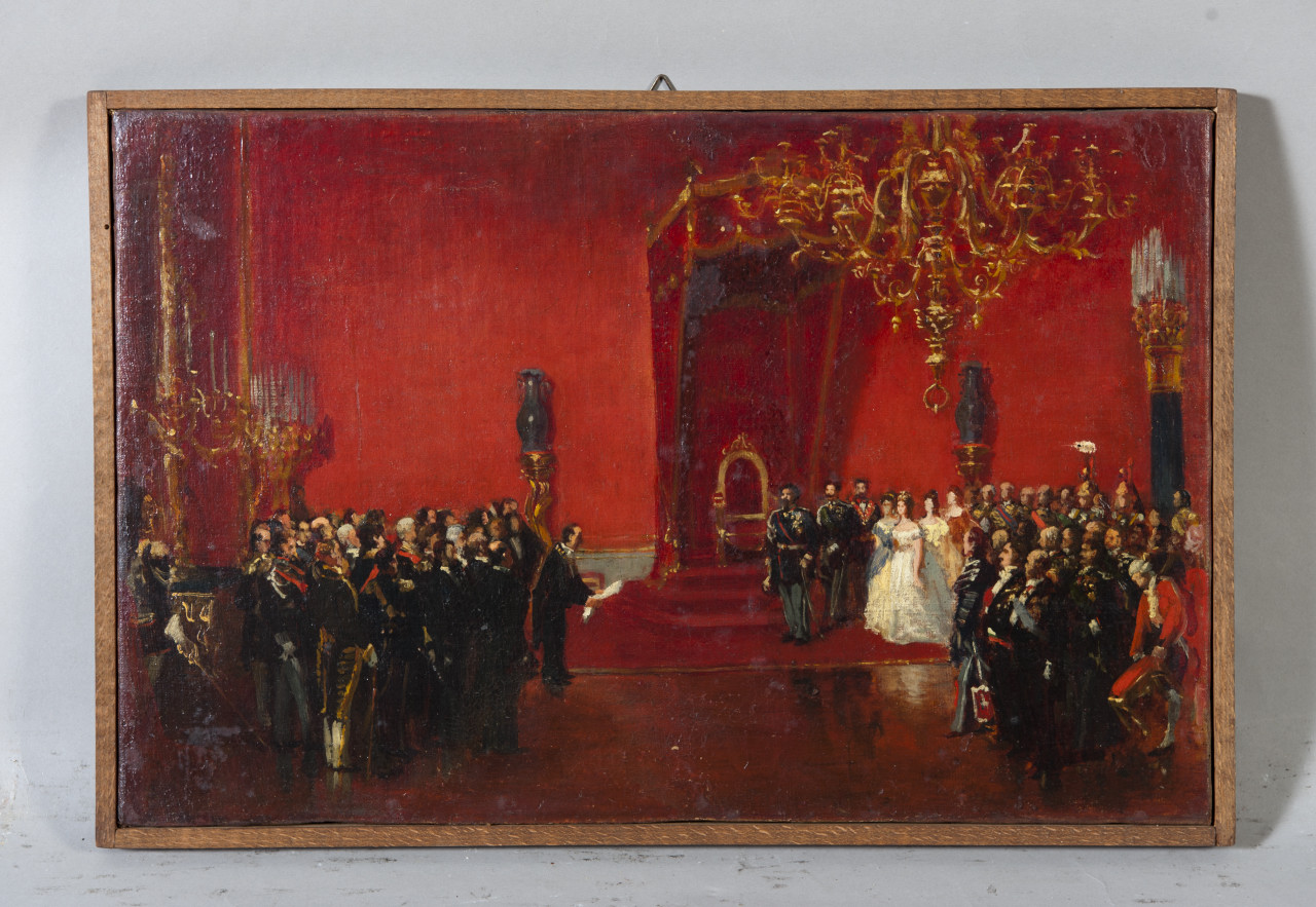 Vittorio Emanuele II di Savoia riceve una deputazione nella sala del trono (dipinto, opera isolata) - ambito italiano (terzo quarto sec. XIX)
