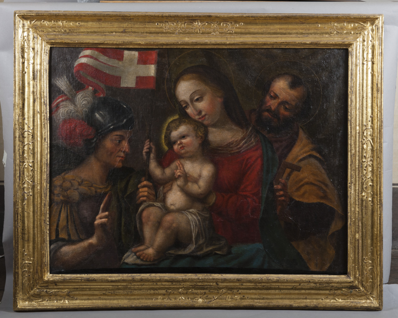 Sacra Famiglia con un soldato (dipinto, opera isolata) - ambito italiano (secondo quarto sec. XVI)