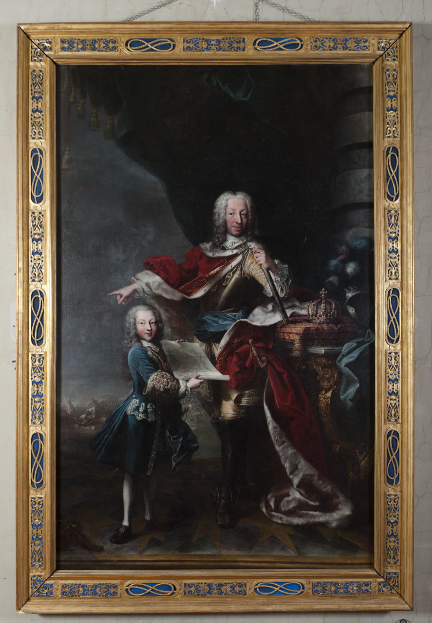 Vittorio Amedeo III bambino mostra al padre Carlo Emanuele III di Savoia la pianta del Castello di Milano, ritratto di Carlo Emanuele III e di Vittorio Amedeo III di Savoia (dipinto, opera isolata) di Clementi Maria Giovanna Battista detta la Clementina (secondo quarto sec. XVIII)
