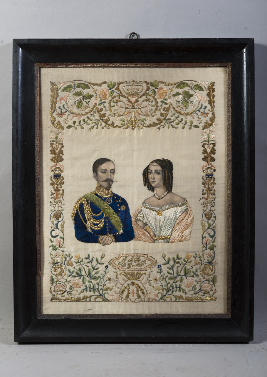 ritratto di Ferdinando di Savoia-Genova e di Elisabetta di Sassonia (ricamo, opera isolata) - ambito italiano (metà sec. XIX)
