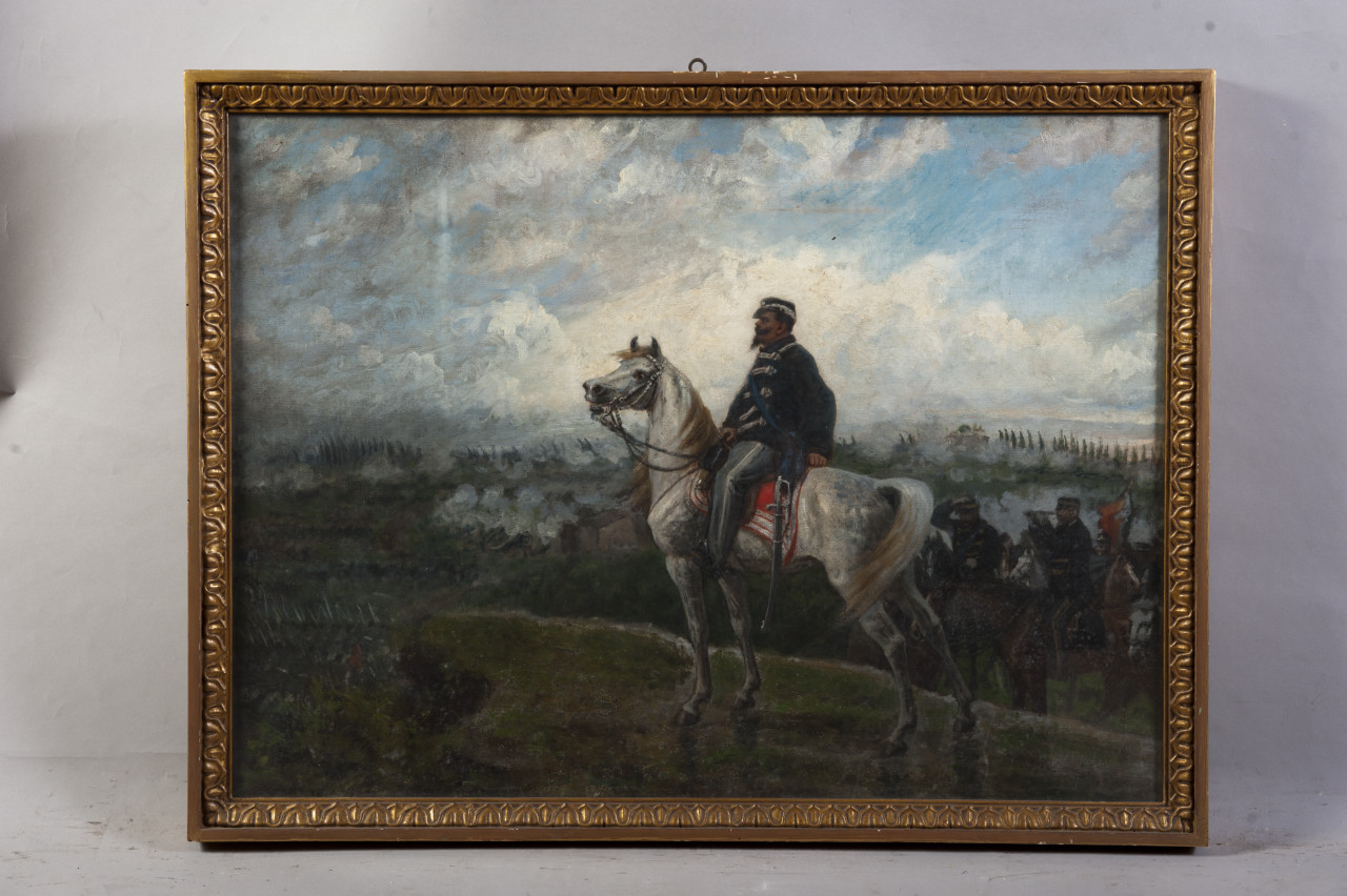 Vittorio Emanuele II di Savoia a cavallo sul campo di battaglia (dipinto, opera isolata) di Pontremoli Raffaele (terzo quarto sec. XIX)