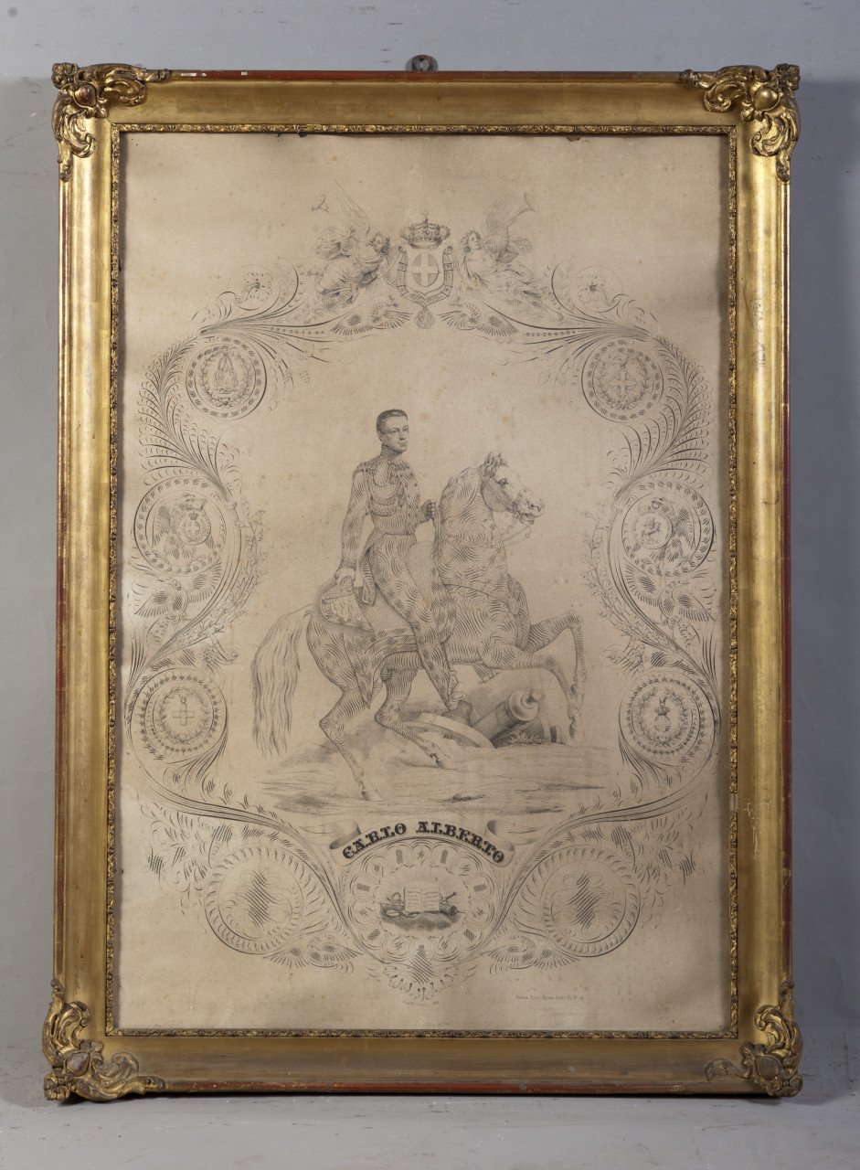 Carlo Alberto, ritratto di Carlo Alberto di Savoia Carignano a cavallo (stampa) di Pautas (metà sec. XIX)