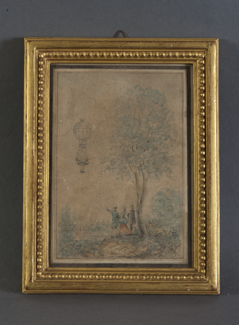 Paesaggio con mongolfiera (disegno, opera isolata) - ambito piemontese (XIX)