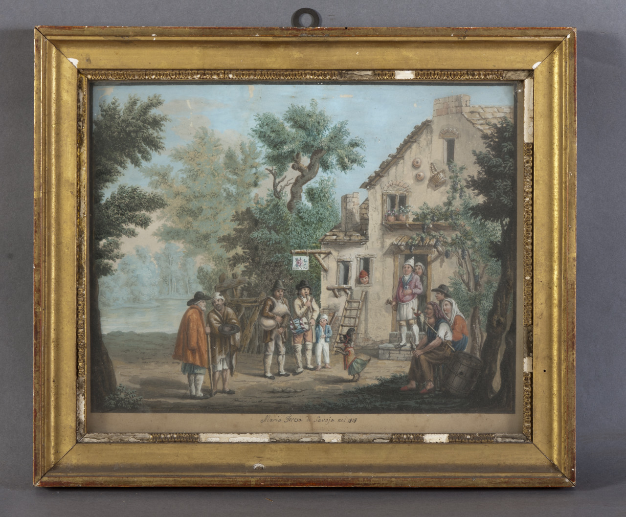 Suonatori e cane ammaestrato che si esibiscono davanti ad un'osteria (disegno, opera isolata) - ambito piemontese (XIX)