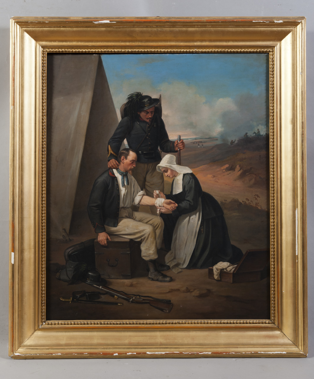 Suora di carità, Una suora cura un ferito alla presenza di un bersagliere (dipinto, opera isolata) - ambito lombardo (seconda metà sec. XIX)
