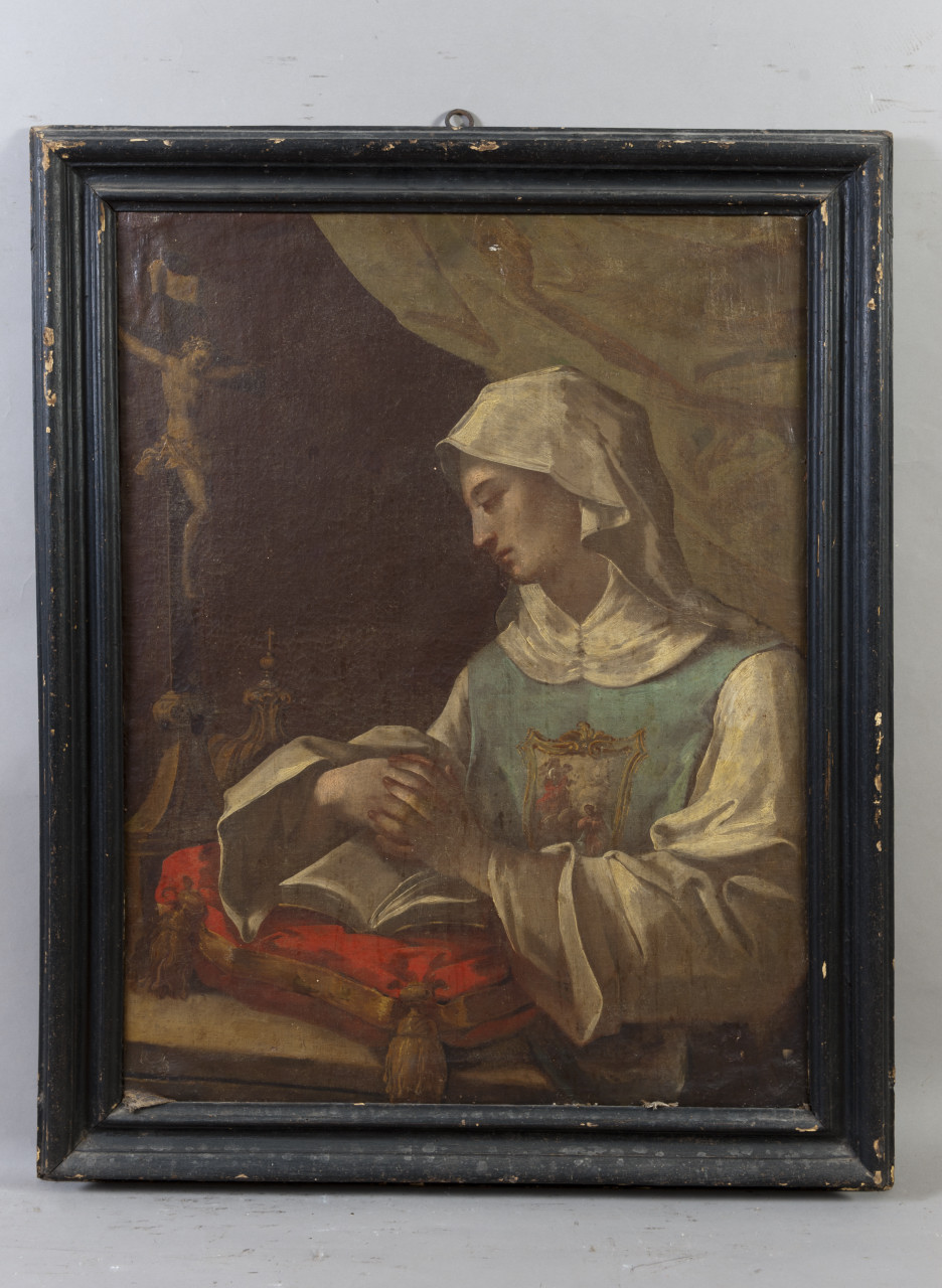 Monaca dell’ordine della SS. Annunziata in preghiera davanti al crocifisso (dipinto, opera isolata) - ambito piemontese (prima metà sec. XVIII)